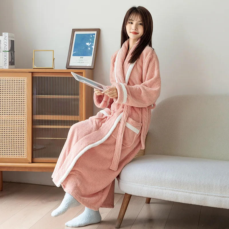 Caldo Autunno Inverno Corallo Pile Accappatoio Manica Lunga Esteso Accappatoio Homewear Accogliente Kimono Doccia Vestaglie Camicia Da Notte Allentata 2