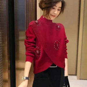 Maglione top lavorato a maglia rosso cinese mezzo polo collo alto abiti da donna larghi ed eleganti primavera autunno nuovo strato base europeo 1