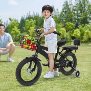 Bicicletta per bambini da 14 pollici, carico regolabile per bicicletta per bambini, 60 kg, con ruote da allenamento, cestino, schienale, sedile posteriore per 3-7 anni (bianco/nero) 1