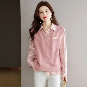 Camicetta casual patchwork a due righe finte a contrasto Primavera Autunno Nuova manica lunga ampia ed elegante top da ufficio abbigliamento donna coreana 1