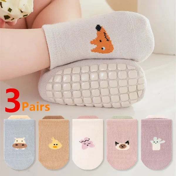 3 paia/lotto calzini antiscivolo per bambini per ragazzi e ragazze calzini in cotone per bambini con taglio basso con impugnature in gomma Socken per 0-3 anni 1