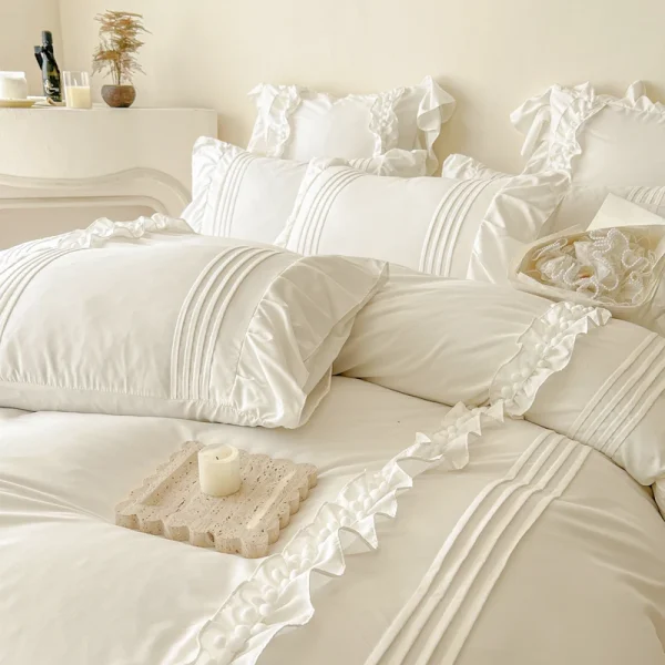 Set biancheria da letto in cotone lavato stile principessa con federa lenzuolo letto singolo completo copripiumino viola letto matrimoniale Queenking 2