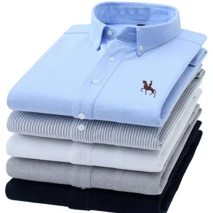S-6XL Camicie Oxford da uomo a maniche lunghe in puro cotone a righe solide per il tempo libero ricamato cavallo streetwear business pianura ufficio 6XL 1