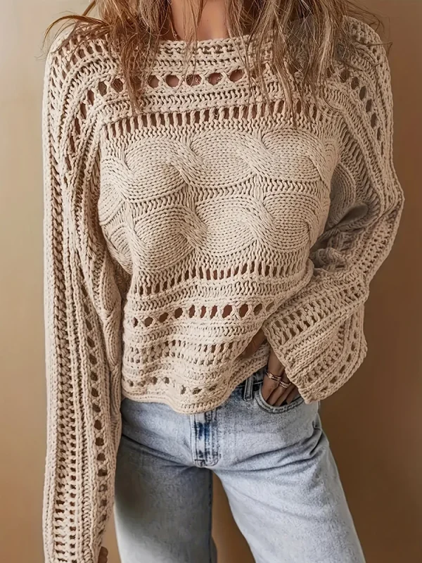 Maglioni chic scavati a maniche lunghe, top semplici alla moda con scollo a O autunnale da donna, nuovi pullover da donna larghi patchwork solido casual 4