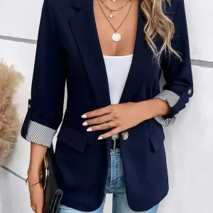 Taglie forti Abito da donna con bottoni casual alla moda europeo e americano, vestibilità slim, giacca da donna con maniche arrotolate a sette quarti 1