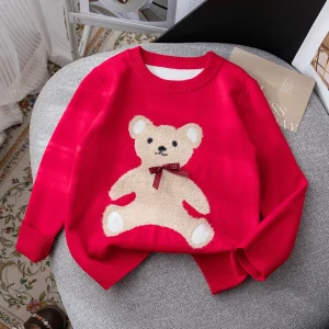 Maglione lavorato a maglia con fiocco in orsacchiotto stile carino per ragazza, adatto per le vacanze quotidiane in primavera, autunno e inverno 1