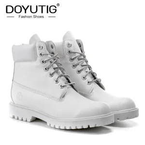 DOYUTIG Stivali da esterno in pelle di mucca di colore bianco di marca per uomo e donna Stivali casual per coppie Stivali militari traspiranti di moda SG003 1