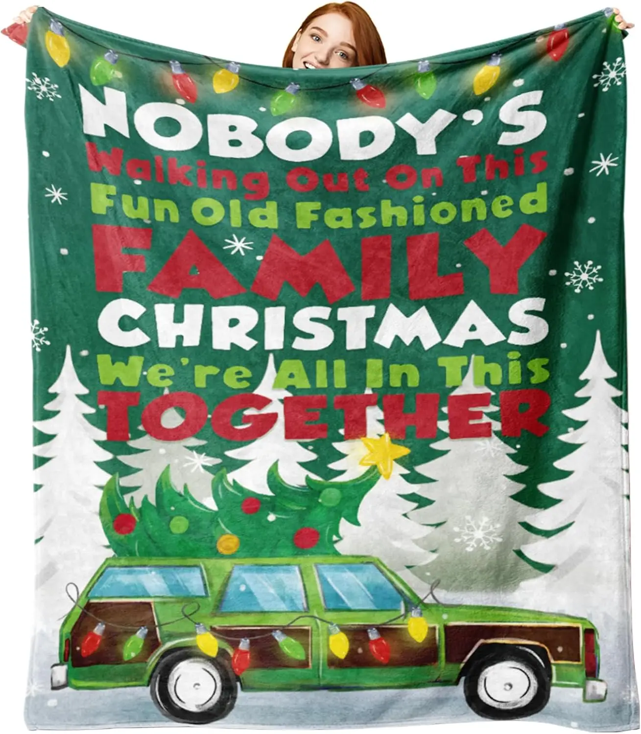 Coperta in flanella di film classici per le vacanze di Natale, coperta per albero di Natale in famiglia, regali per bambini, uomini, donne, auto verde invernale Holi 1