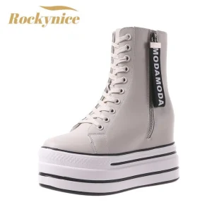 Stivali bianchi alla moda Scarpe da ginnastica alte da donna Stivaletti con zip con plateau Femme Chaussures Femmes Scarpe sportive da esterno con aumento di altezza 1
