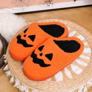Accoglienti pantofole di zucca di Halloween da donna morbide peluche antiscivolo scivoli in cotone per interni donna tenere al caldo comode pantofole invernali da casa 1