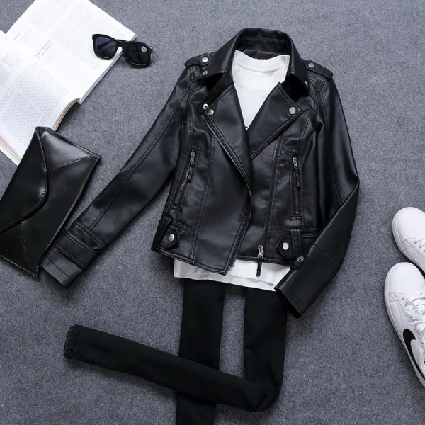 Versione coreana della giacca sottile in pelle PU da donna 2023 Primavera / Autunno Inverno Nuovo cappotto corto in pelle da motociclista 4
