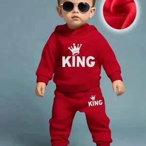 Felpa con cappuccio in pile con motivo corona KING per neonato + pantaloni casual Set da due pezzi Abbigliamento sportivo primaverile e autunnale 1