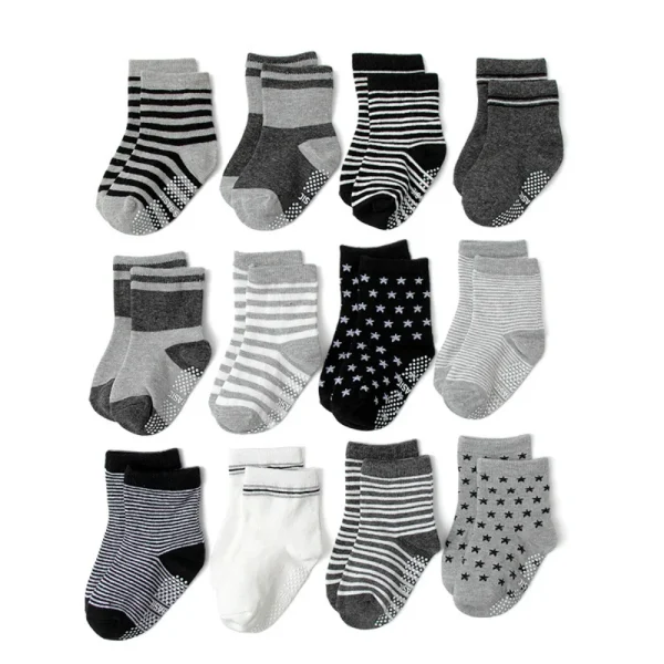 Ragazzi Ragazze 12 paia di calzini antiscivolo in cotone Neonato 1-3 anni Suole antiscivolo Calzino unisex da pavimento per neonati Bambini piccoli Grip Kids 2