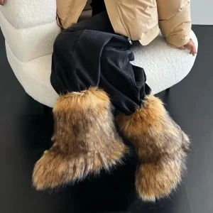 Stivali da neve invernali da donna Stivali da esterno di lusso pelosi in pelliccia di volpe sintetica Donna Peluche Scarpe calde con plateau New Fashion Bottes Big Size 46 1