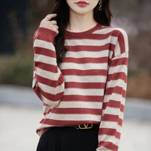 Maglione pullover da donna primaverile maglione bicolore a righe manica lunga girocollo nuovo maglione pullover in cotone 100% per donna-SMY261 1