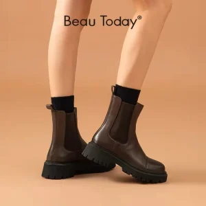 Beau Today stivaletti Chelsea piatti per donna cinturino elastico in vera pelle di mucca primavera autunno scarpe da donna fatte a mano A02379 1