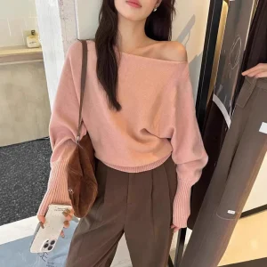 Maglione lavorato a maglia con maniche a lanterna monospalla delicato Vestibilità ampia Autunno Inverno Moda Indossare singolo Partita interna Spalla versatile St 1