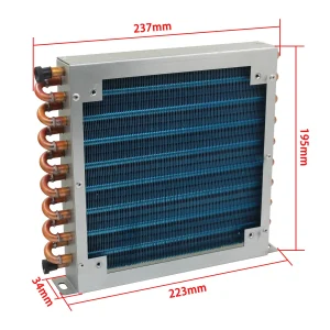 Radiatore a condensatore a guscio piccolo frigorifero congelatore scambiatore di calore con pinna in alluminio raffreddato ad acqua e tubo in rame con ventola 237 * 195 * 34 1