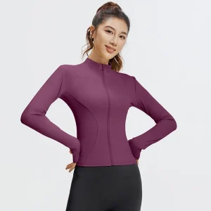 Giacca sportiva da esterno Corsa Fitness Maniche lunghe Donna Slim Abbigliamento da yoga Cardigan con cerniera ad asciugatura rapida Cappotto skinny con colletto rialzato 1