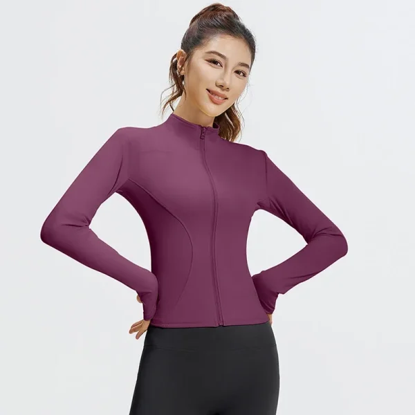 Giacca sportiva da esterno Corsa Fitness Maniche lunghe Donna Slim Abbigliamento da yoga Cardigan con cerniera ad asciugatura rapida Cappotto skinny con colletto rialzato 1
