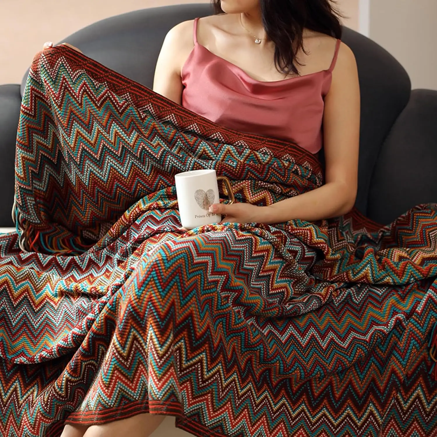 Coperta da letto bohémien modello lavorato a maglia decorazione per la casa, copridivano a righe colorate, copriletto di grandi dimensioni, copri asciugamano per l'estremità del letto dell'hotel 3