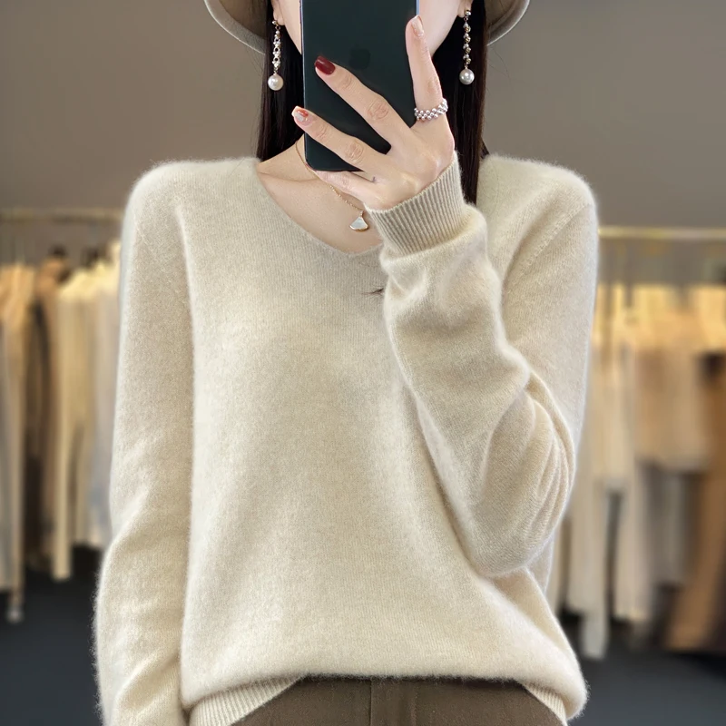 100% pura lana autunno inverno maglione di cashmere donna casual lavorato a maglia maglioni con scollo a V pullover morbido abbigliamento coreano femminile top 2