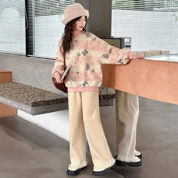Felpa con cappuccio a farfalla con pantaloni a gamba larga Top e set da 2 pezzi Felpa con fodera in pile Completo per ragazza 6 7 anni Ragazze Autunno Inverno 2