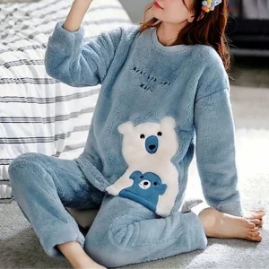 Flanella calda addensata Autunno Inverno Pigiama taglie forti 2xl Abito a maniche lunghe Blu Orso cartone animato Homewear Pigiama scolastico 1