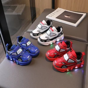Diseny Scarpe casual per bambini Led Light Car Club Cartoon PU Scarpe primaverili in pelle per bambini Scarpe antiscivolo rosse blu Taglia 21-30 1
