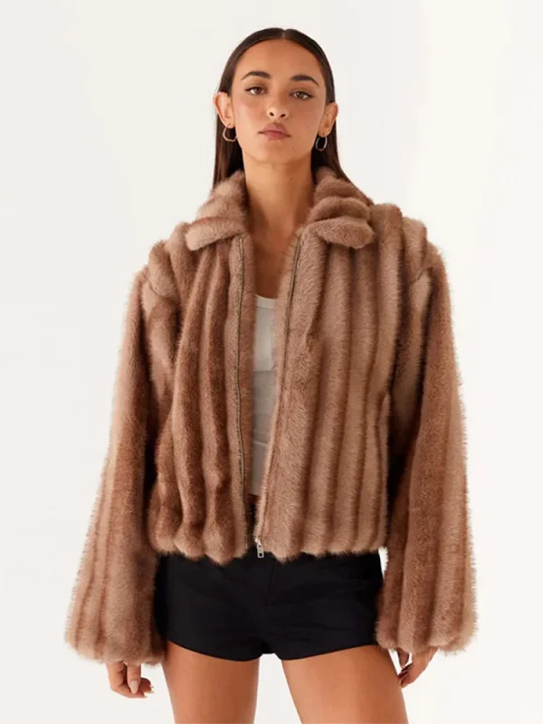 Cappotto da donna in pelliccia sintetica Colletto rovesciato Manica intera Cerniera Capispalla femminile allentato 2025 Capispalla da donna caldo e spesso di moda High Street 5