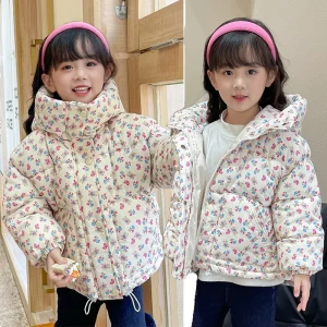 Coreano neonata inverno Top vestiti addensare cotone imbottito bambini caldo floreale con cappuccio peluche capispalla cappotto bambino bambini giacca invernale 1