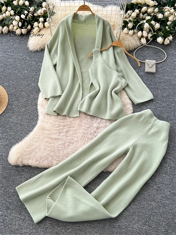 SINGREINY Inverno Homewear Casual Abiti da donna Autunno Cardigan in maglia + Gambe larghe Pantaloni lunghi Ins Solido Allentato Caldo Set di tre pezzi 4