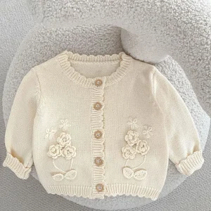 Autunno nuovo abbigliamento per bambini, ragazze di 0-3 anni, giacca cardigan lavorata a maglia con maglione fiore tridimensionale con gancio a mano 1