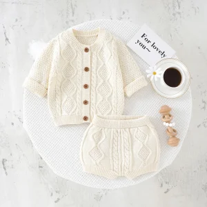 Set di vestiti per bambini in cotone lavorato a maglia per neonati, ragazzi e ragazze, maglione a maniche lunghe + pantaloni, cardigan per bambini autunnali + pantaloncini 0-18 mesi 2 pezzi 1