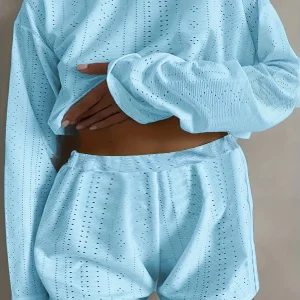 Set di pantaloncini casual con occhielli taglie forti, top a maniche lunghe e pantaloncini girocollo, abbigliamento taglie forti da donna 1