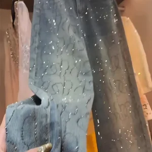 Jeans con diamanti da donna Pantaloni in denim larghi a gamba larga a vita alta lucidi Pantaloni con strass blu Pantaloni alla moda streetwear 1