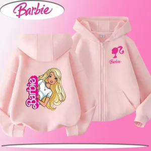 T-shirt in cotone con cappuccio e cerniera per bambini Barbie Doll con stampa di cartoni animati, camicetta casual carina e alla moda, giacca primaverile e autunnale 1