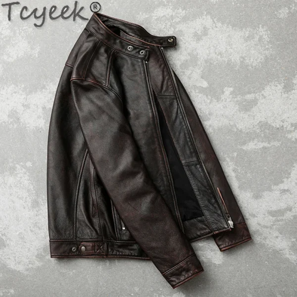 Tcyeek Giacca in vera pelle da uomo Strato superiore Cappotti in pelle di vacchetta Primavera Autunno Cappotto in pelle vintage Giacche da uomo Jaqueta Masculina 4