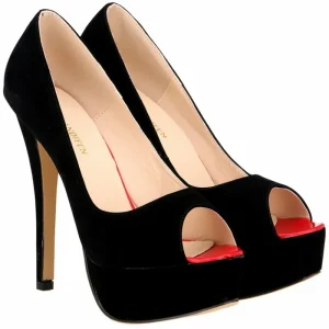 Tacchi a spillo da donna Scarpe sexy con tacco alto Décolleté in velluto con punta aperta Piattaforma Lady Evening Party Rosso Matrimonio Nero Scarpe da ufficio 817-16VE 1
