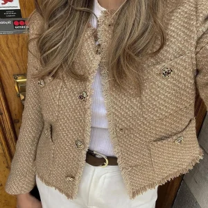 Cappotto da giacca basic in tweed femminile chic Abbigliamento da donna Capispalla in lana Manica lunga Bottone frontale Capispalla femminile Top chic 1