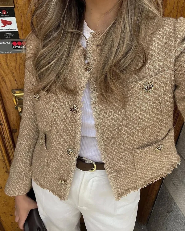 Cappotto da giacca basic in tweed femminile chic Abbigliamento da donna Capispalla in lana Manica lunga Bottone frontale Capispalla femminile Top chic 1
