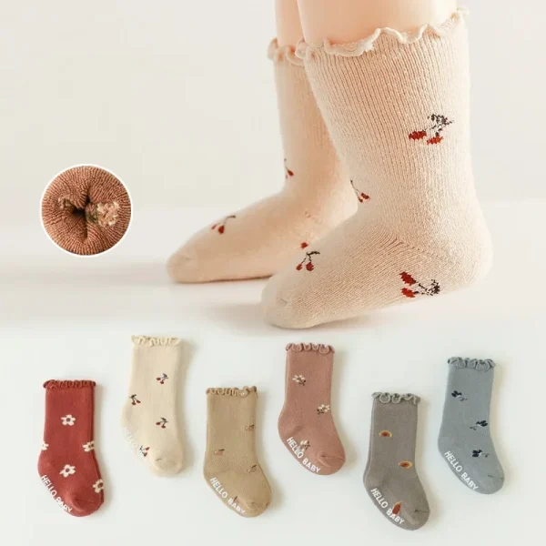 1 paio di calzini spessi in spugna di cotone per neonati per neonati autunno inverno caldi per bambini impugnature antiscivolo calzini retrò calzini anti-freddo 2
