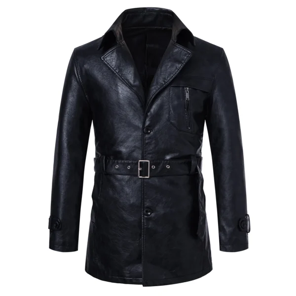 Giacca da uomo in pelle PU di media lunghezza con trench con risvolto staccabile per viaggi d'affari casual/urbanali 2