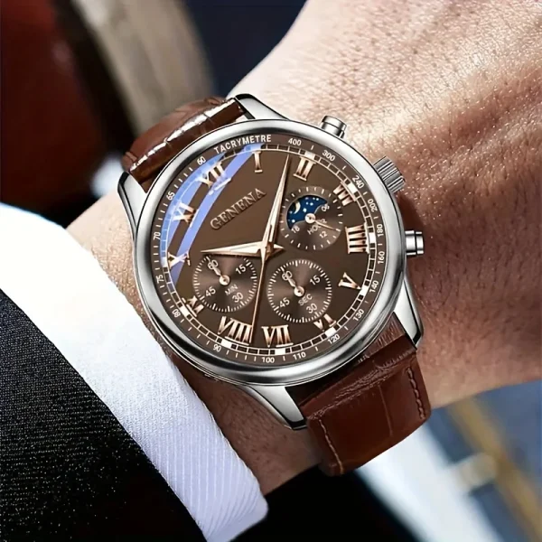 Ginevra di alta qualità da uomo di lusso cintura moda orologio al quarzo da uomo rotondo studente d'affari Sport orologio bagliore impermeabile 3