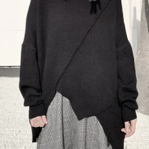 [EAM] Maglione nero con orlo irregolare di grandi dimensioni girocollo manica lunga donna pullover nuova moda marea primavera autunno 2025 1DJ3196 1