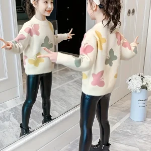Maglioni da ragazza, pullover, abbigliamento autunnale e invernale, nuovi vestiti per bambini, camicie con fondo, eleganti maglioni ispessiti per bambini più grandi 1
