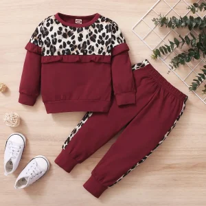 0-2 anni neonato primavera e autunno vino rosso cuciture stampa leopardata pantaloni a maniche lunghe con scollo tondo vestito di moda 1