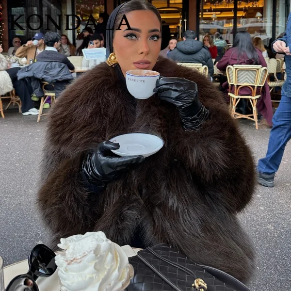 KONDALA 2025 Autunno Inverno Casual Pelliccia Sintetica Marrone Donna Giacche Calde Streetwear Colletto rovesciato Cappotti eleganti oversize natalizi 4