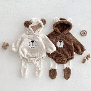 Pagliaccetto con cappuccio per bambini Orecchie da orso Simpatico peluche Vestiti per bambini Inverno 0-2 anni Versione coreana Vestiti per bambini Pagliaccetto per bambini 1