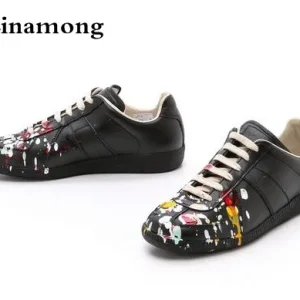 Scarpe basse da uomo di alta qualità moda nero bianco vernice in pelle splatter scarpe casual basse unisex di marca di lusso primavera autunno scarpe basse 1
